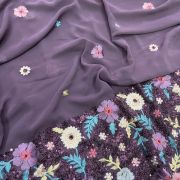 Sequin & Thread Embroidery In Floral Pattern On Dusky Purple Faux Georgette Fabric