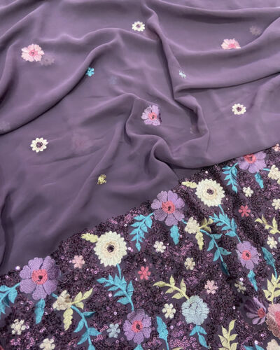 Sequin & Thread Embroidery In Floral Pattern On Dusky Purple Faux Georgette Fabric