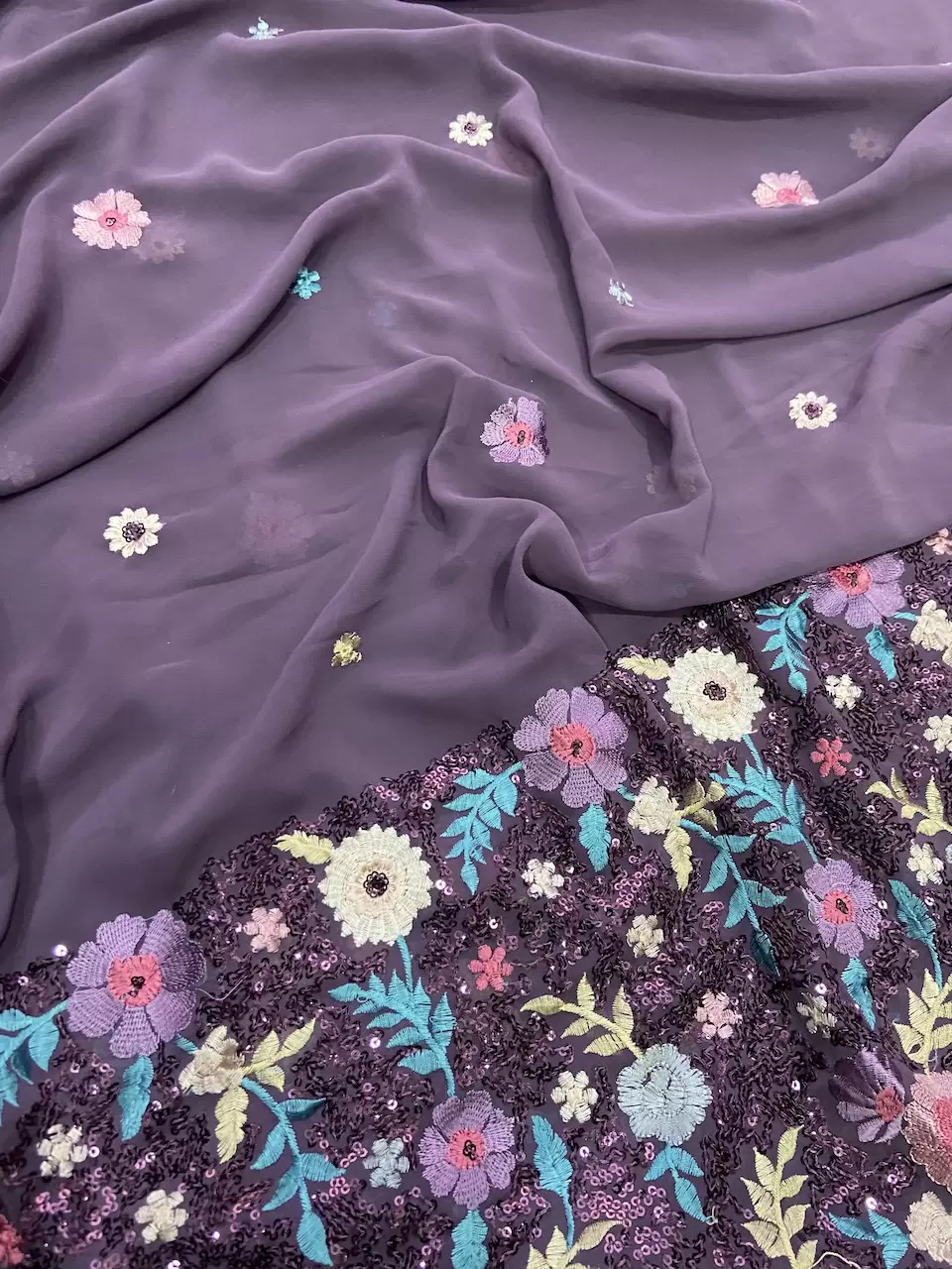 Sequin & Thread Embroidery In Floral Pattern On Dusky Purple Faux Georgette Fabric