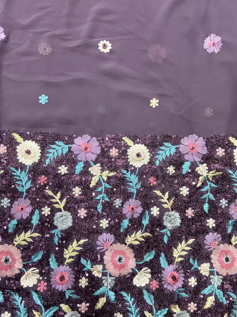 Sequin & Thread Embroidery In Floral Pattern On Dusky Purple Faux Georgette Fabric