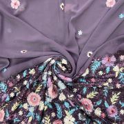 Sequin & Thread Embroidery In Floral Pattern On Dusky Purple Faux Georgette Fabric