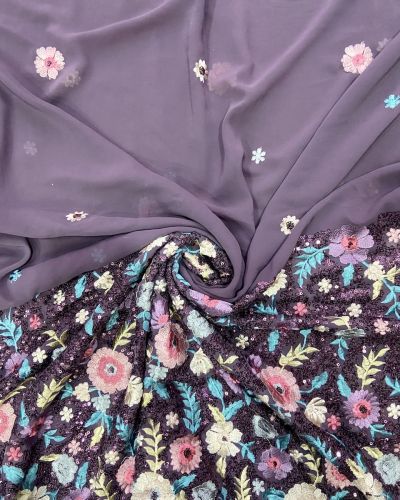 Sequin & Thread Embroidery In Floral Pattern On Dusky Purple Faux Georgette Fabric