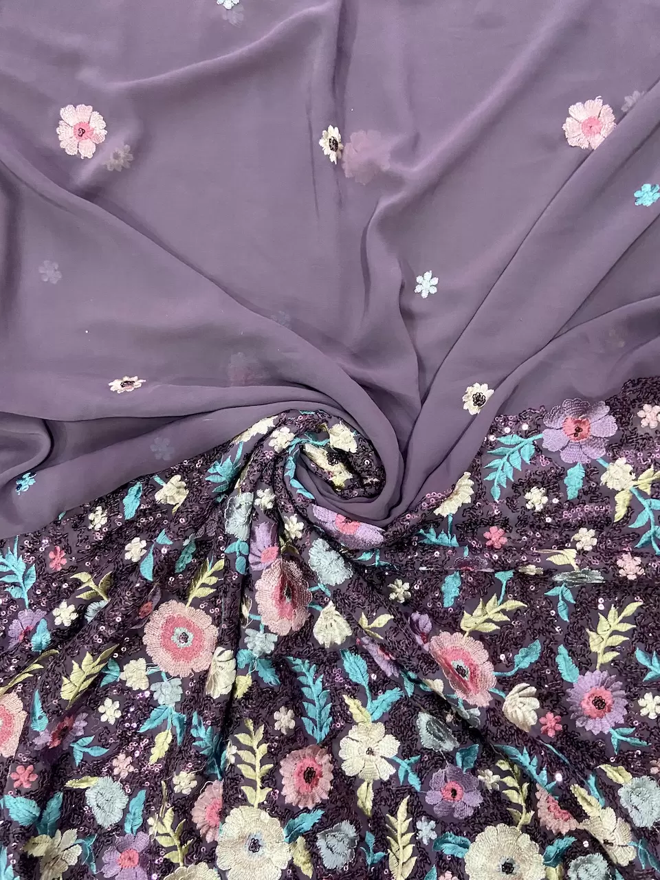 Sequin & Thread Embroidery In Floral Pattern On Dusky Purple Faux Georgette Fabric