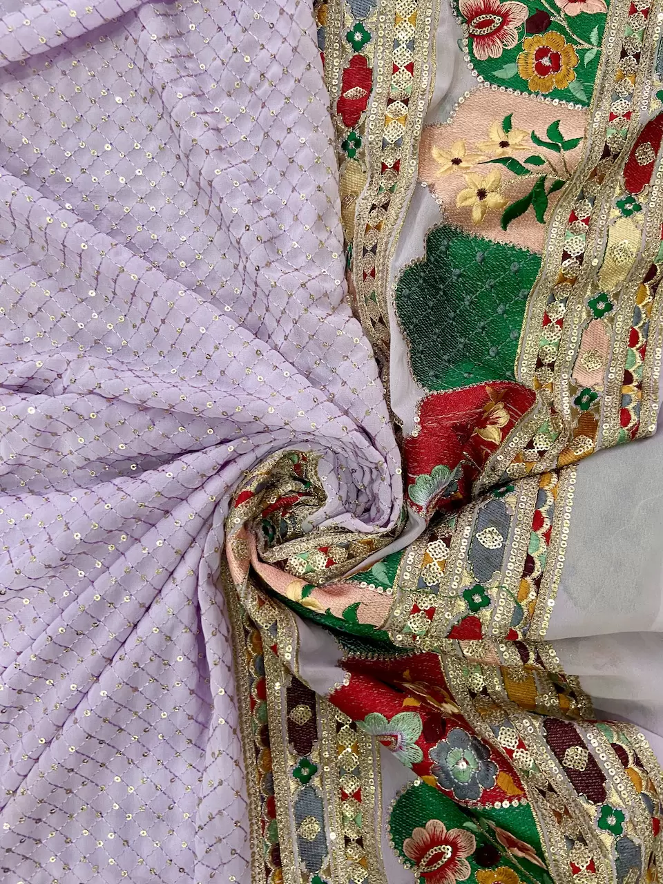 All Over Sequence With Heavy Multicolour Border On Lavender Georgette Fabric