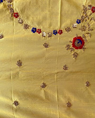 Zardozi & Thread Work Hand Embroidered On Yellow Raw Silk Unstitched Blouse Piece