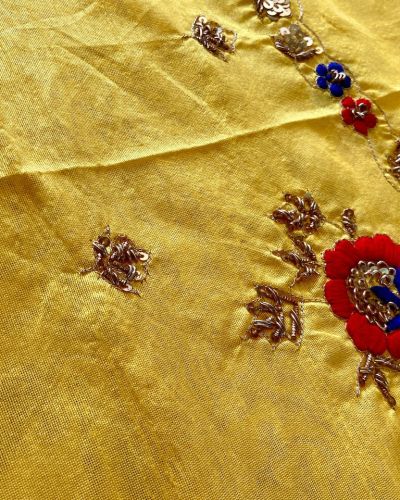 Zardozi & Thread Work Hand Embroidered On Yellow Raw Silk Unstitched Blouse Piece