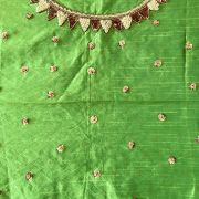 Sequin & Thread Hand Embroidery On Green Pure Raw Silk Unstitched Blouse Piece