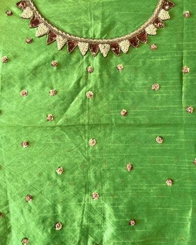 Sequin & Thread Hand Embroidery On Green Pure Raw Silk Unstitched Blouse Piece