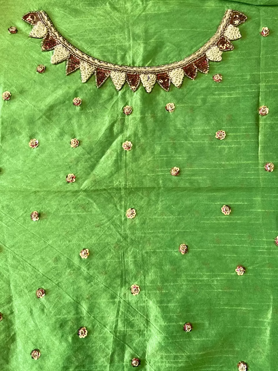 Sequin & Thread Hand Embroidery On Green Pure Raw Silk Unstitched Blouse Piece
