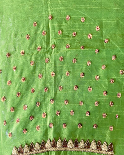 Sequin & Thread Hand Embroidery On Green Pure Raw Silk Unstitched Blouse Piece