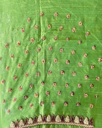 Sequin & Thread Hand Embroidery On Green Pure Raw Silk Unstitched Blouse Piece