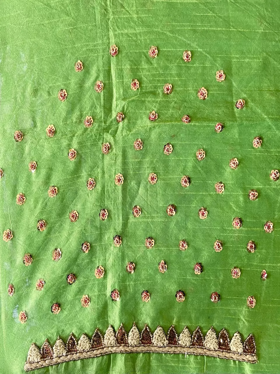 Sequin & Thread Hand Embroidery On Green Pure Raw Silk Unstitched Blouse Piece