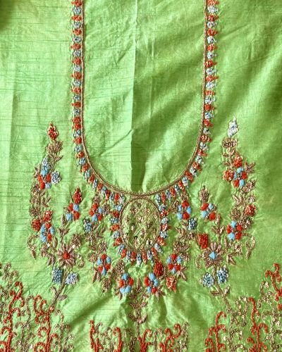 Parrot Green Zardozi & Thread Work Embroidery On Hand Embroidered Raw Silk Unstitched Blouse Piece