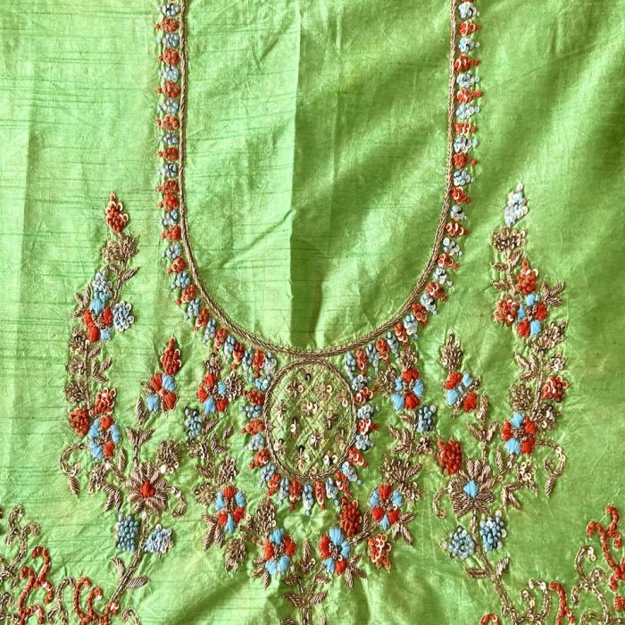 Parrot Green Zardozi & Thread Work Embroidery On Hand Embroidered Raw Silk Unstitched Blouse Piece