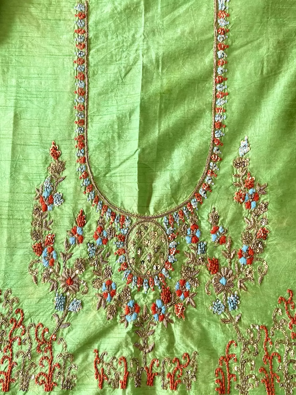 Parrot Green Zardozi & Thread Work Embroidery On Hand Embroidered Raw Silk Unstitched Blouse Piece