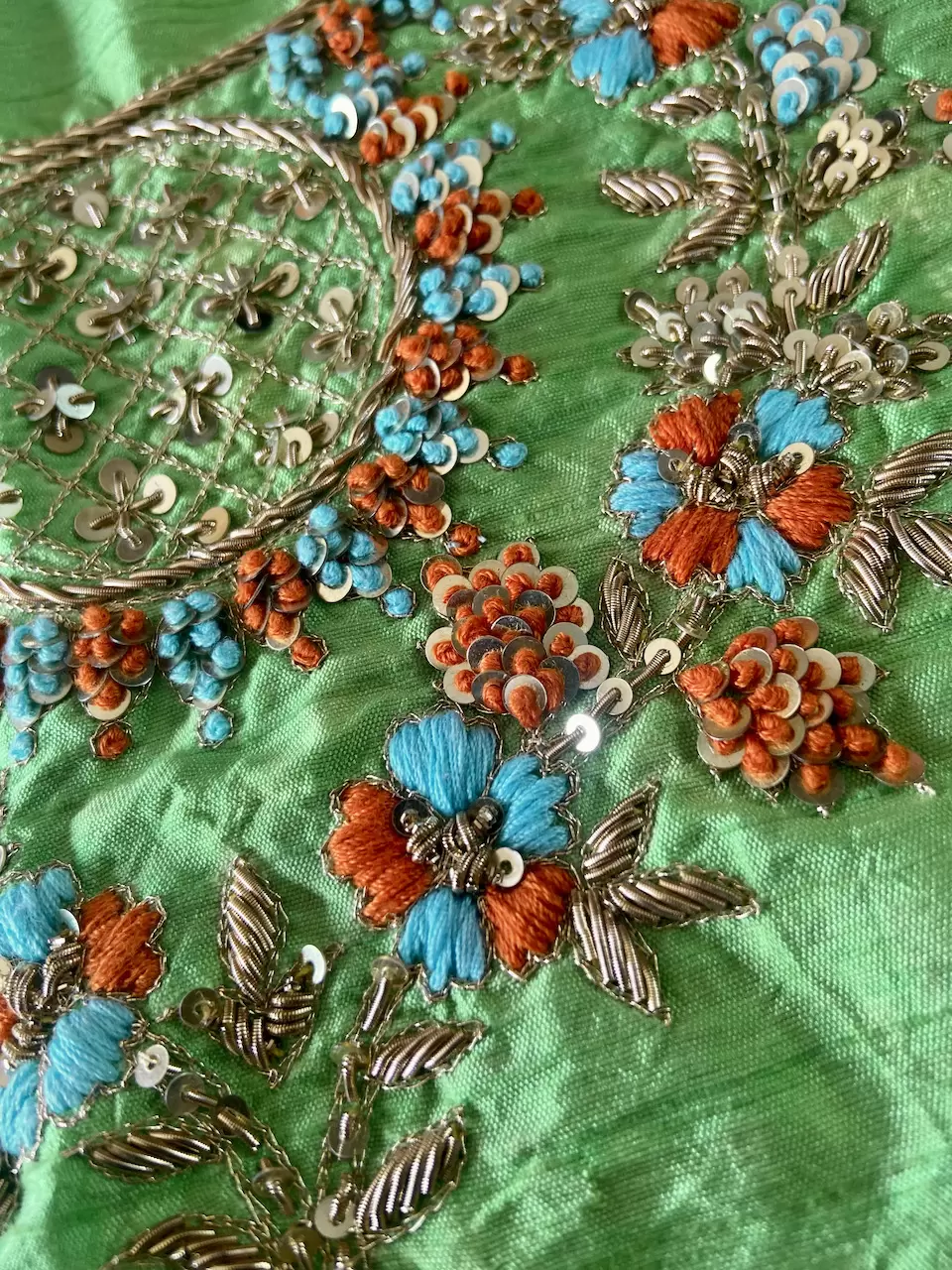 Parrot Green Zardozi & Thread Work Embroidery On Hand Embroidered Raw Silk Unstitched Blouse Piece