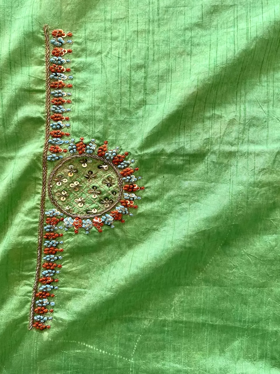 Parrot Green Zardozi & Thread Work Embroidery On Hand Embroidered Raw Silk Unstitched Blouse Piece
