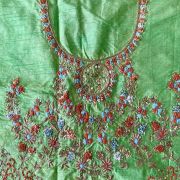 Parrot Green Zardozi & Thread Work Embroidery On Hand Embroidered Raw Silk Unstitched Blouse Piece