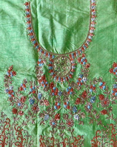 Parrot Green Zardozi & Thread Work Embroidery On Hand Embroidered Raw Silk Unstitched Blouse Piece
