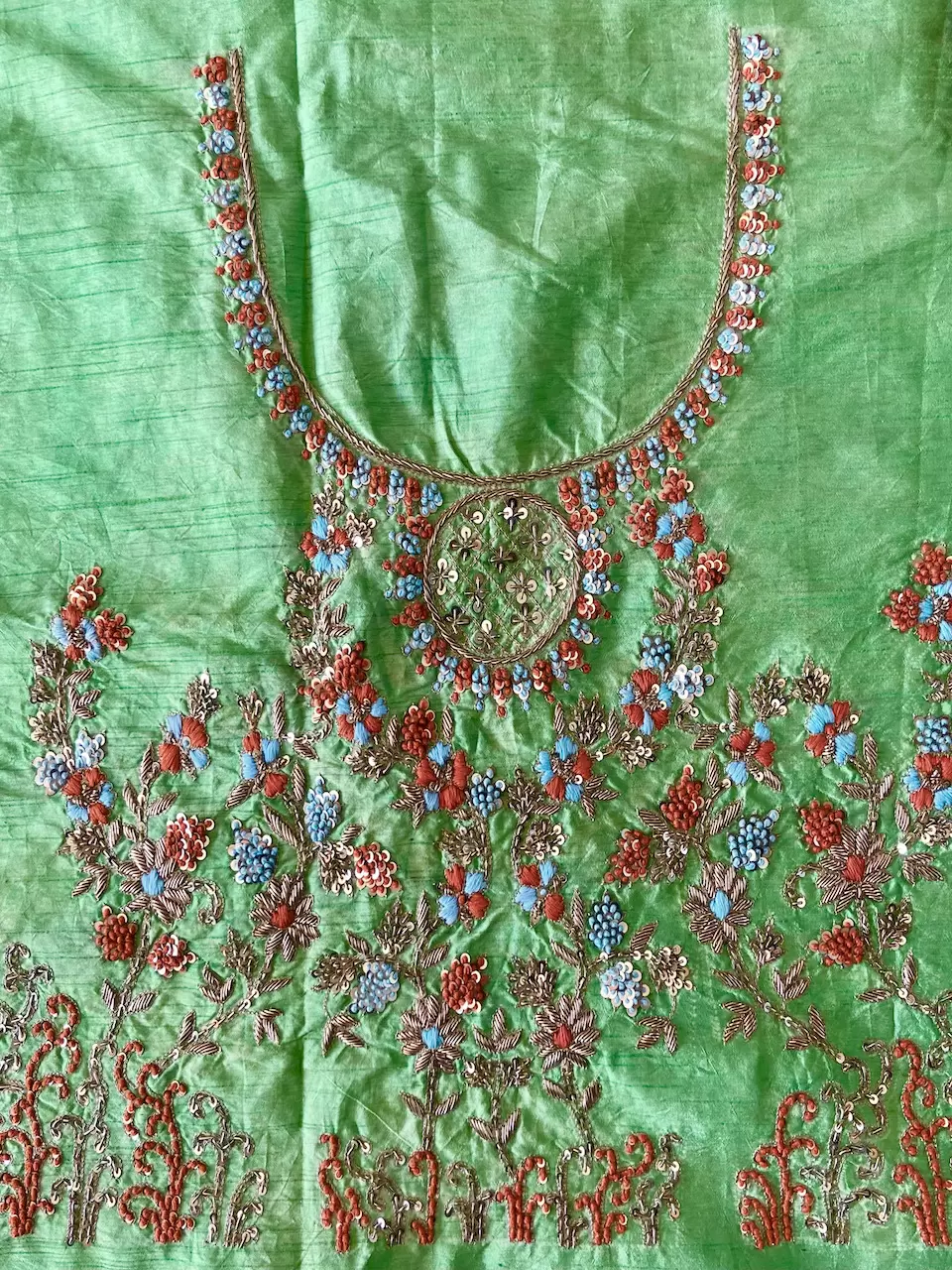 Parrot Green Zardozi & Thread Work Embroidery On Hand Embroidered Raw Silk Unstitched Blouse Piece