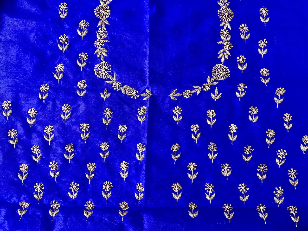 Buti Design Zardozi & Gota Hand Embroidered On Blue Unstitched Blouse Piece