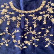 Heavy Zardozi & Thread Work Embroidery On Navy Blue Raw Silk Unstitched Blouse Piece