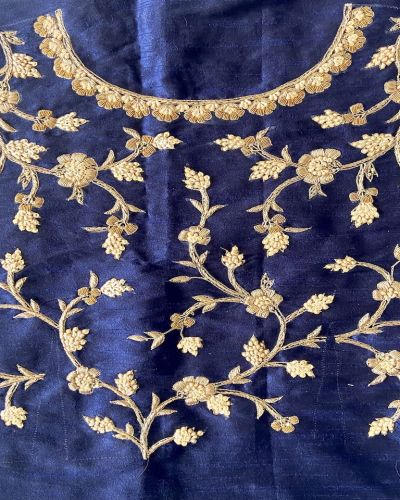 Heavy Zardozi & Thread Work Embroidery On Navy Blue Raw Silk Unstitched Blouse Piece