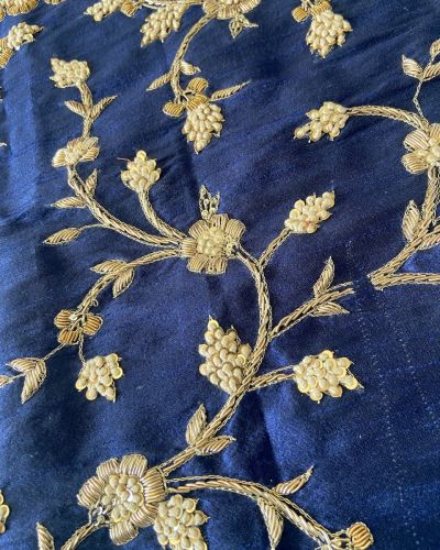 Heavy Zardozi & Thread Work Embroidery On Navy Blue Raw Silk Unstitched Blouse Piece