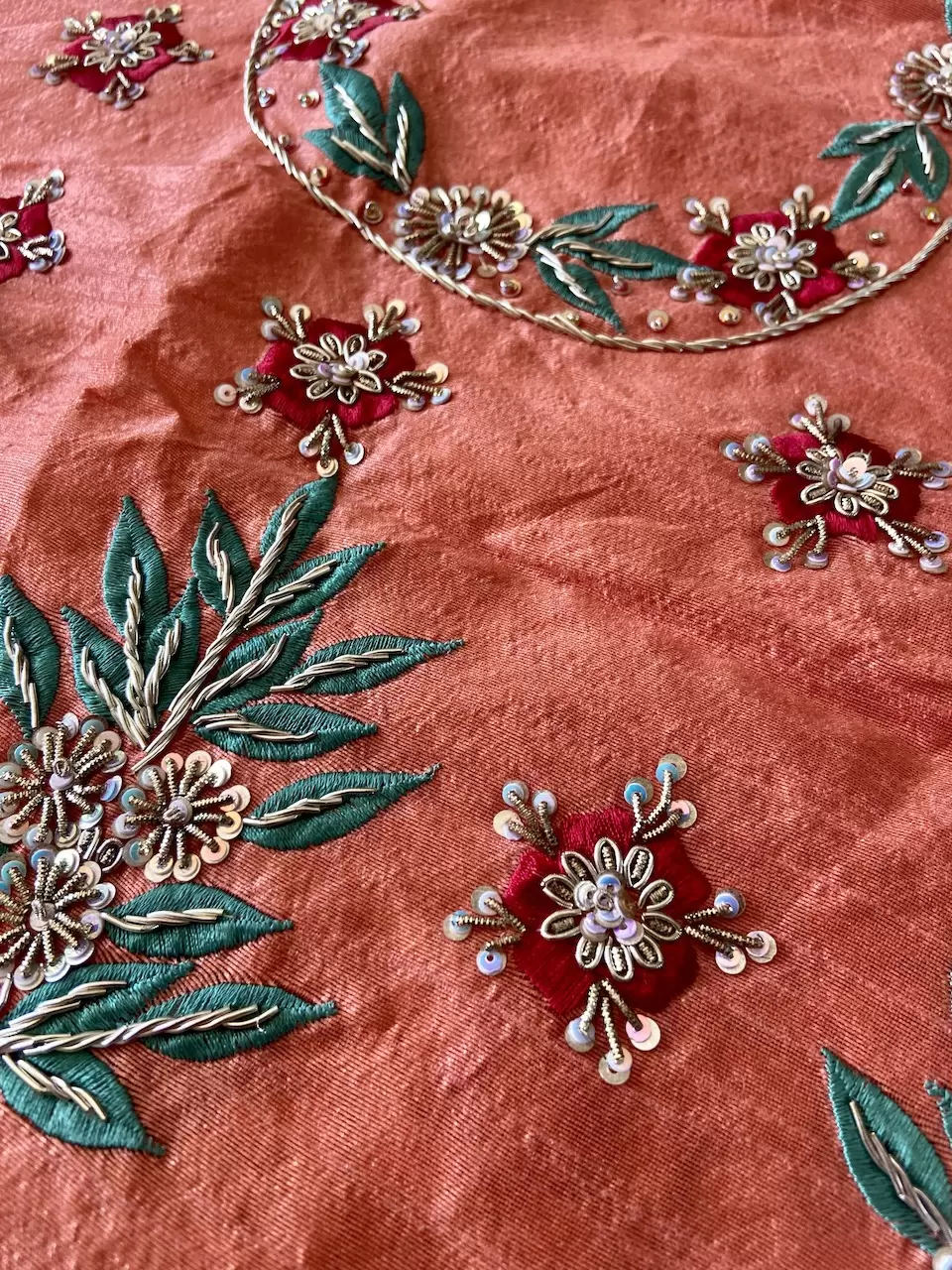 Heavy Zardozi & Dabka Work On Peach Raw Silk Unstitched Blouse Piece