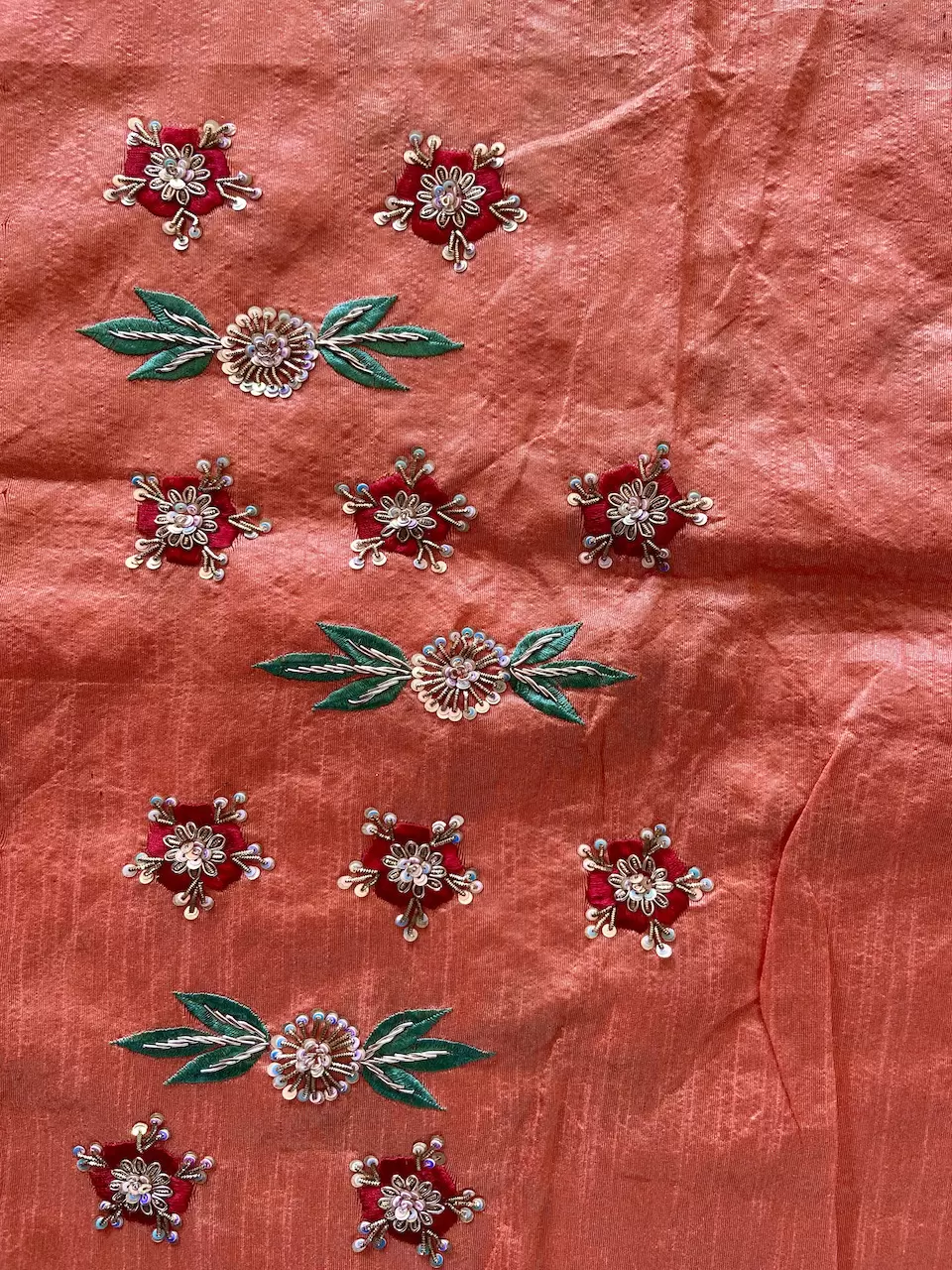 Heavy Zardozi & Dabka Work On Peach Raw Silk Unstitched Blouse Piece