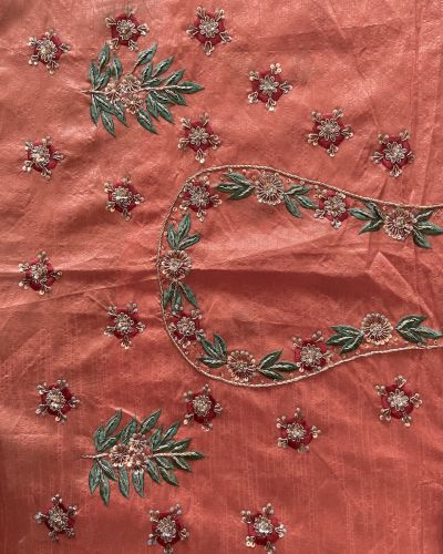 Heavy Zardozi & Dabka Work On Peach Raw Silk Unstitched Blouse Piece