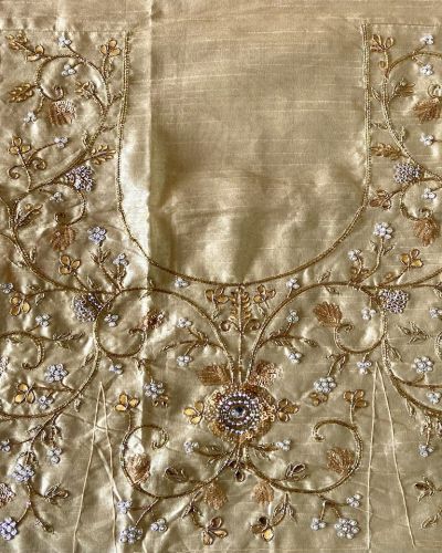 Heavy Zardozi Embroidery On Gold Raw Silk Unstitched Blouse Piece