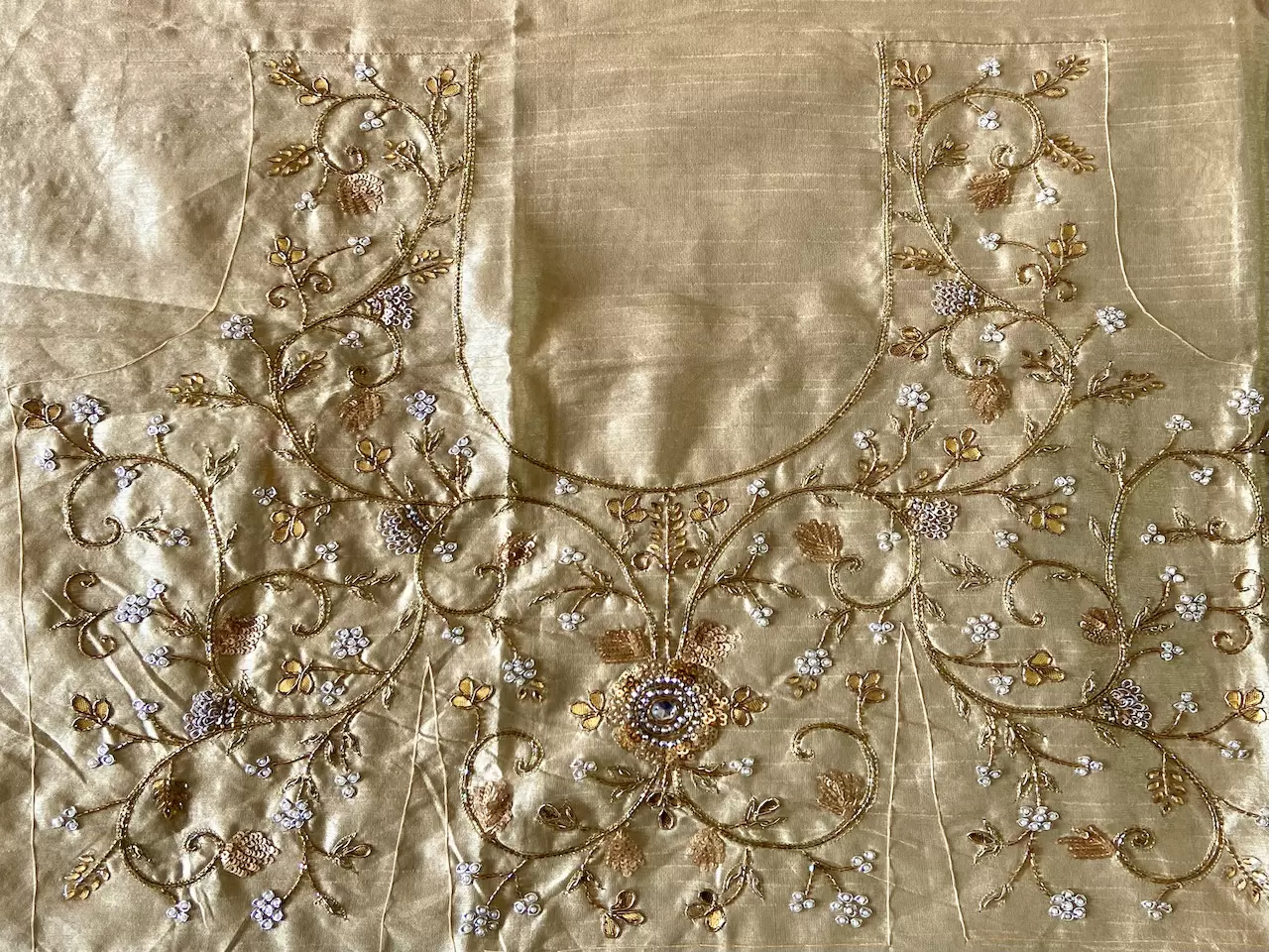 Heavy Zardozi Embroidery On Gold Raw Silk Unstitched Blouse Piece