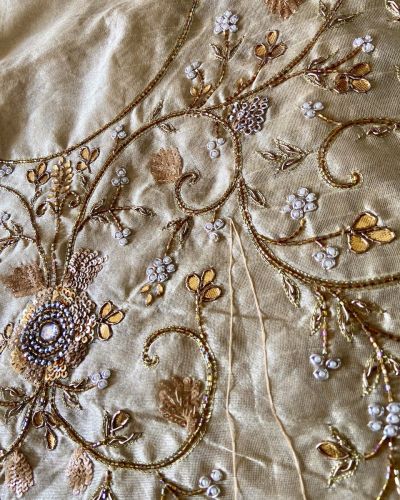 Heavy Zardozi Embroidery On Gold Raw Silk Unstitched Blouse Piece