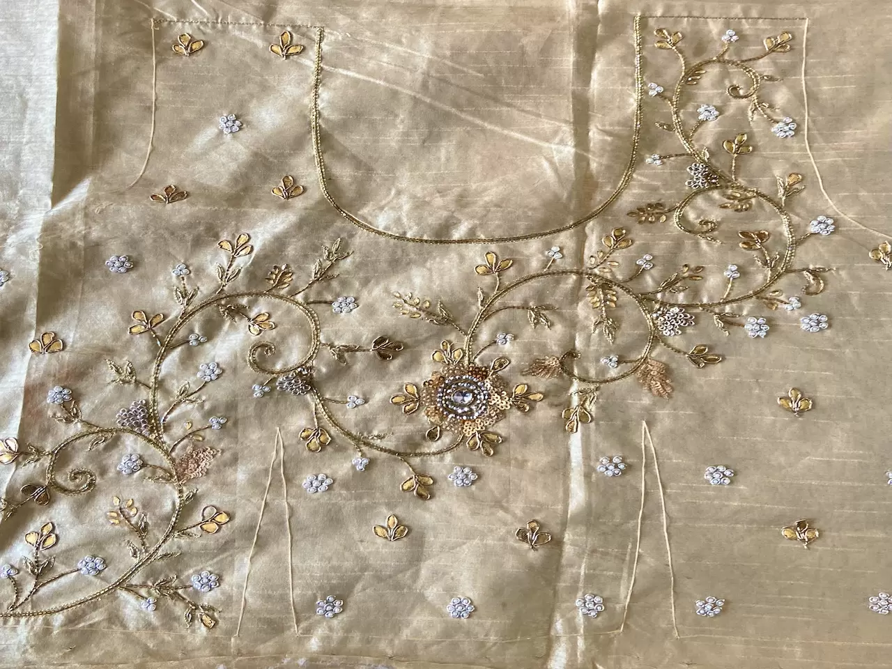 Heavy Zardozi Embroidery On Gold Raw Silk Unstitched Blouse Piece