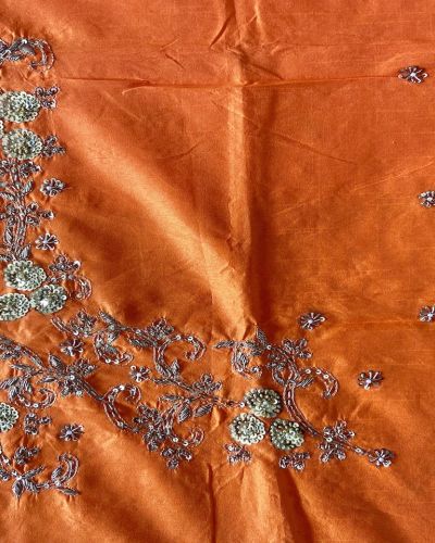 Heavy Hand Embroidery Zardozi & Thread Work On Orange Raw Silk Unstitched Blouse Piece