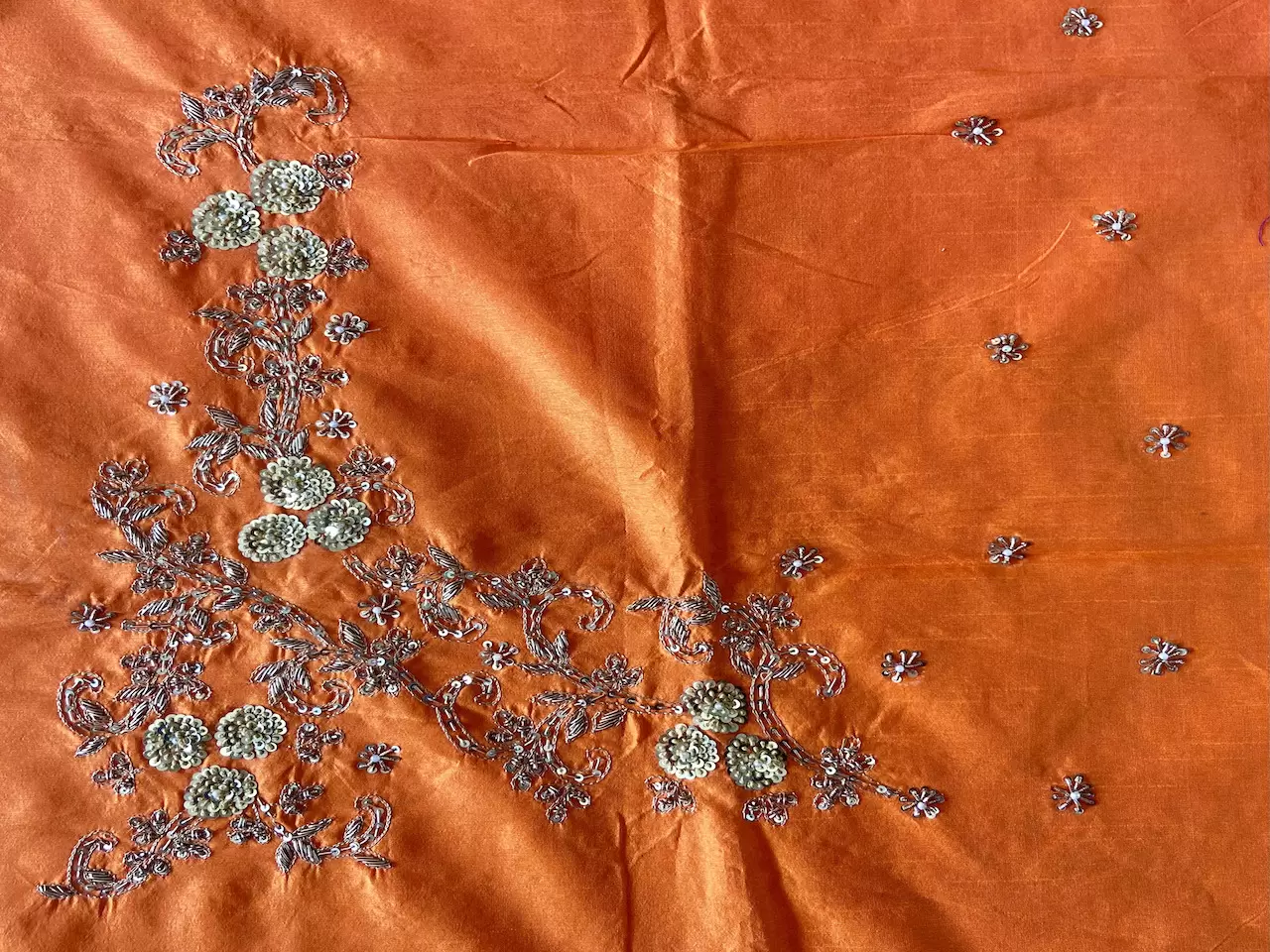 Heavy Hand Embroidery Zardozi & Thread Work On Orange Raw Silk Unstitched Blouse Piece