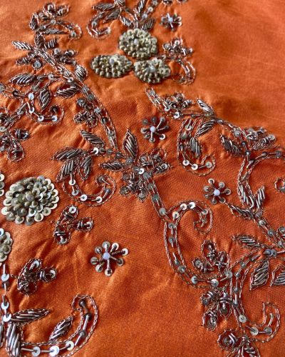 Heavy Hand Embroidery Zardozi & Thread Work On Orange Raw Silk Unstitched Blouse Piece