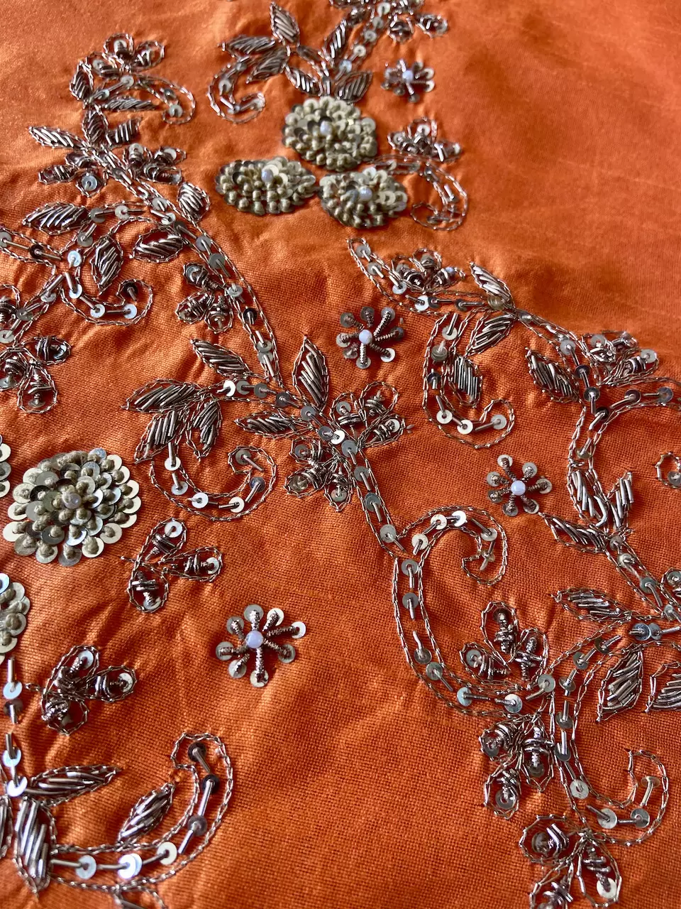 Heavy Hand Embroidery Zardozi & Thread Work On Orange Raw Silk Unstitched Blouse Piece
