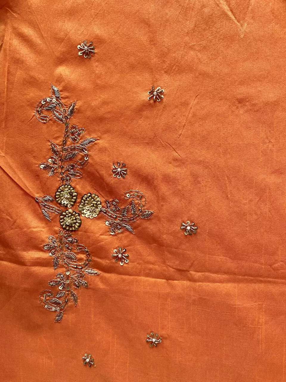 Heavy Hand Embroidery Zardozi & Thread Work On Orange Raw Silk Unstitched Blouse Piece