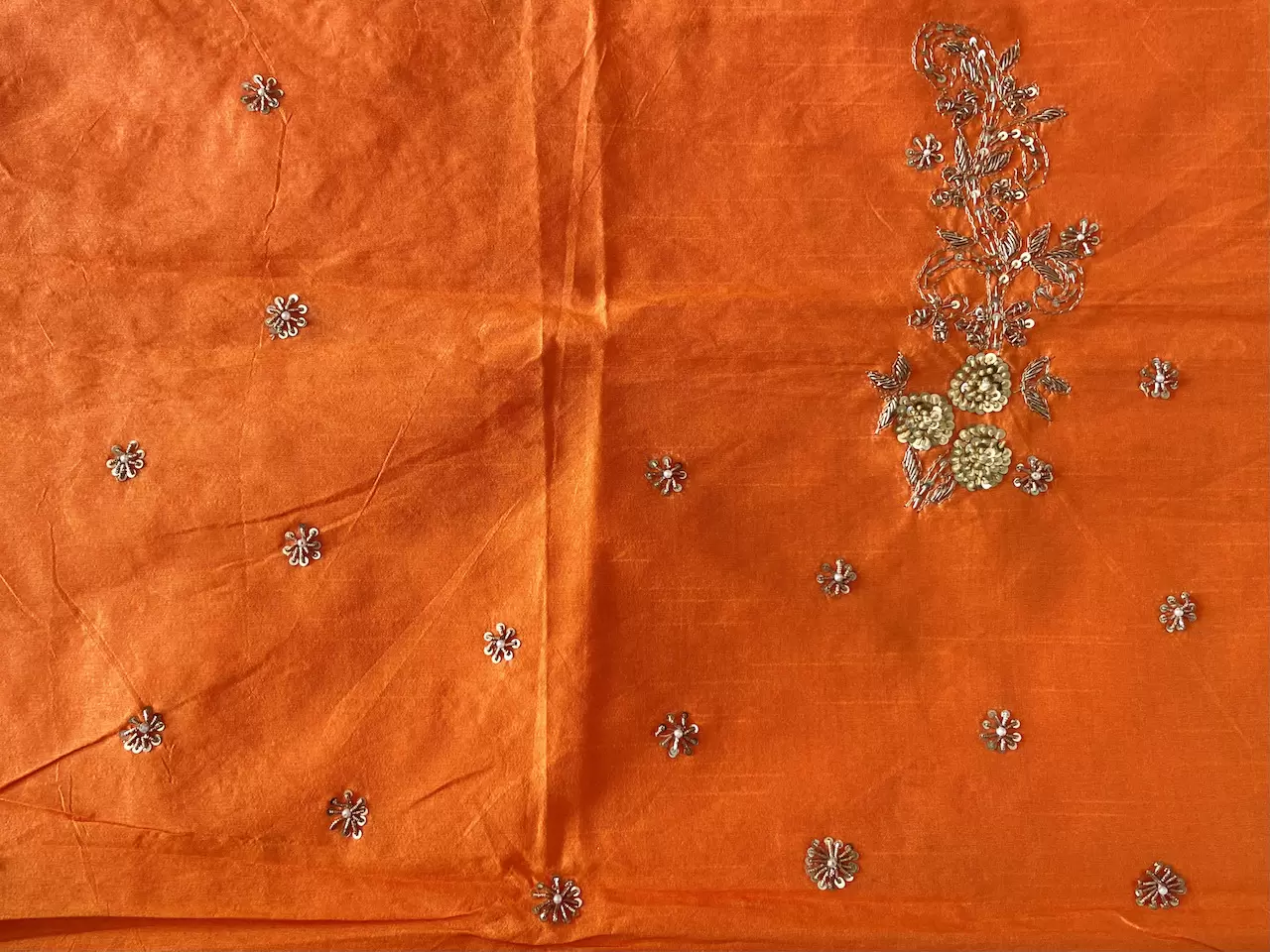 Heavy Hand Embroidery Zardozi & Thread Work On Orange Raw Silk Unstitched Blouse Piece