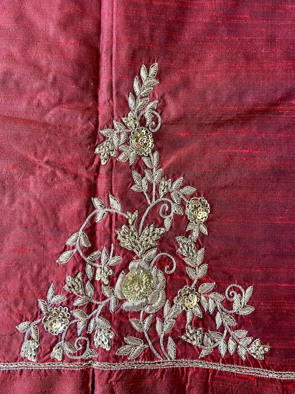 Heavy Hand Embroidered Zardozi Work On Maroon Raw Silk Unstitched Blouse Piece