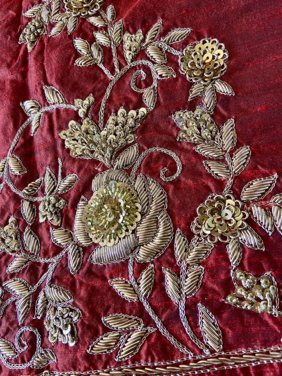 Heavy Hand Embroidered Zardozi Work On Maroon Raw Silk Unstitched Blouse Piece