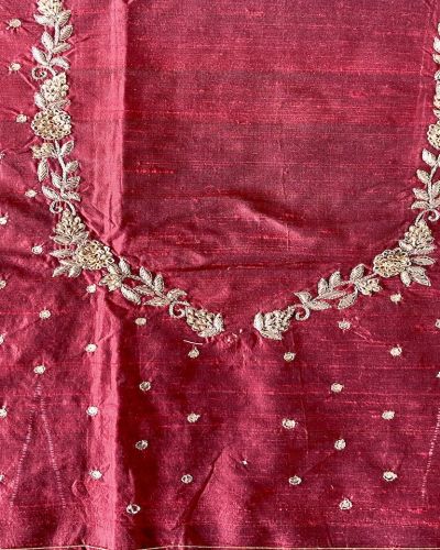 Heavy Hand Embroidered Zardozi Work On Maroon Raw Silk Unstitched Blouse Piece