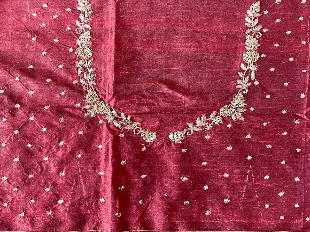 Heavy Hand Embroidered Zardozi Work On Maroon Raw Silk Unstitched Blouse Piece