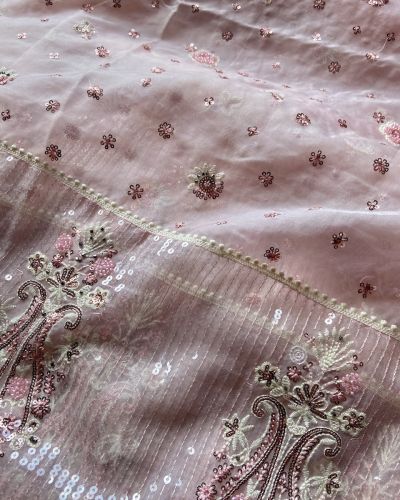 Thread & Sequence Embroidery On Baby Pink Pure Organza Fabric With Heavy Border