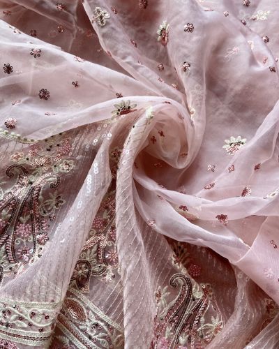 Thread & Sequence Embroidery On Baby Pink Pure Organza Fabric With Heavy Border