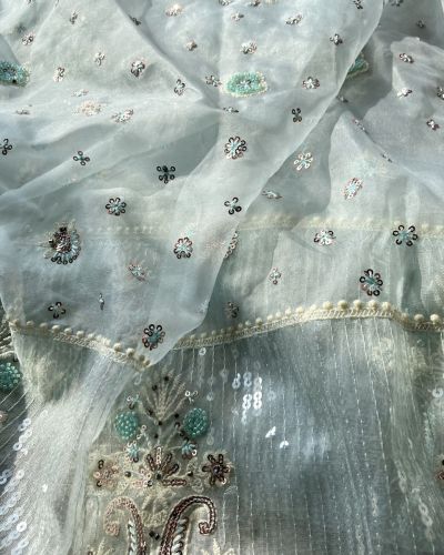 Thread & Sequence Embroidery On Sky Blue Pure Organza Fabric With Heavy Border