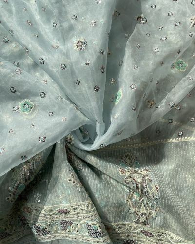 Thread & Sequence Embroidery On Sky Blue Pure Organza Fabric With Heavy Border