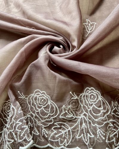 Brown Pure Organza Tissue Fabric With White Thread Embroidery On Both Sides